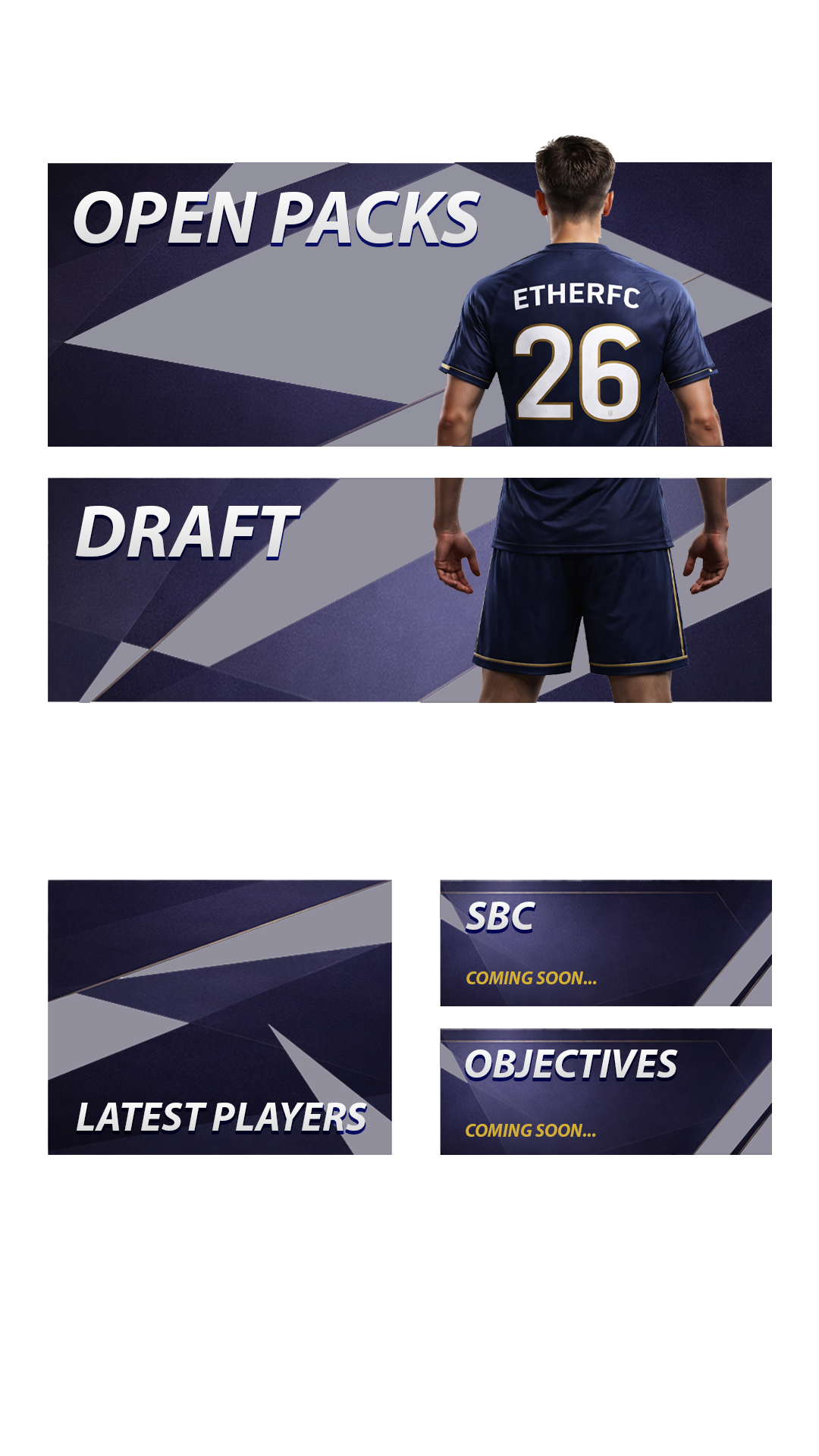 ETHERFC 26 menu showing Open Packs, Draft, SBC, Objectives, and Latest Players